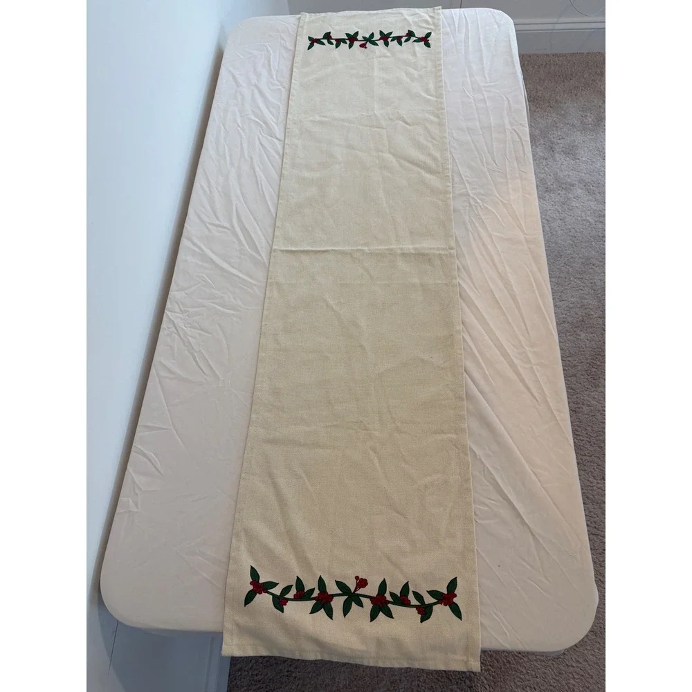 Christmas Holly Berry Embroidered Cotton Table Runner Cream 12x49 Holiday Decor